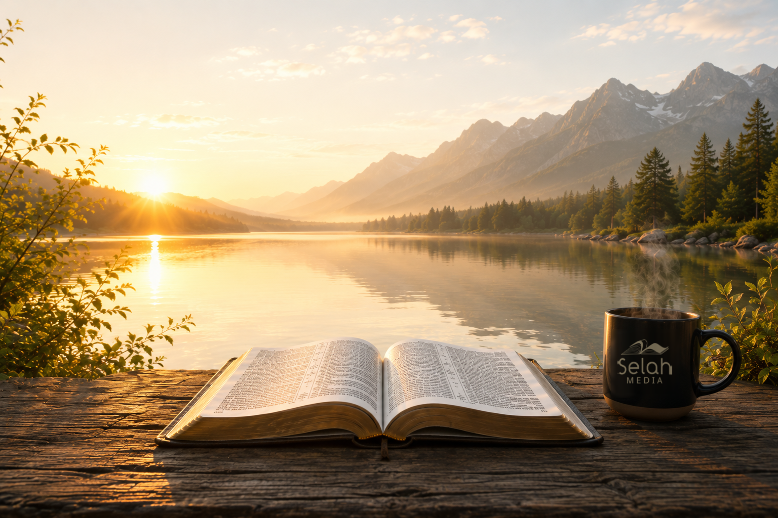 Biblia abierta sobre una mesa de madera frente a un lago tranquilo al amanecer
